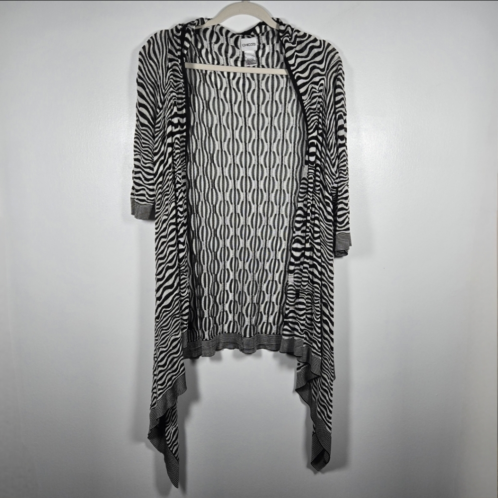 Chico's Black White Abstract Stripe Drapey Open Front Cardigan Sweater Size XL